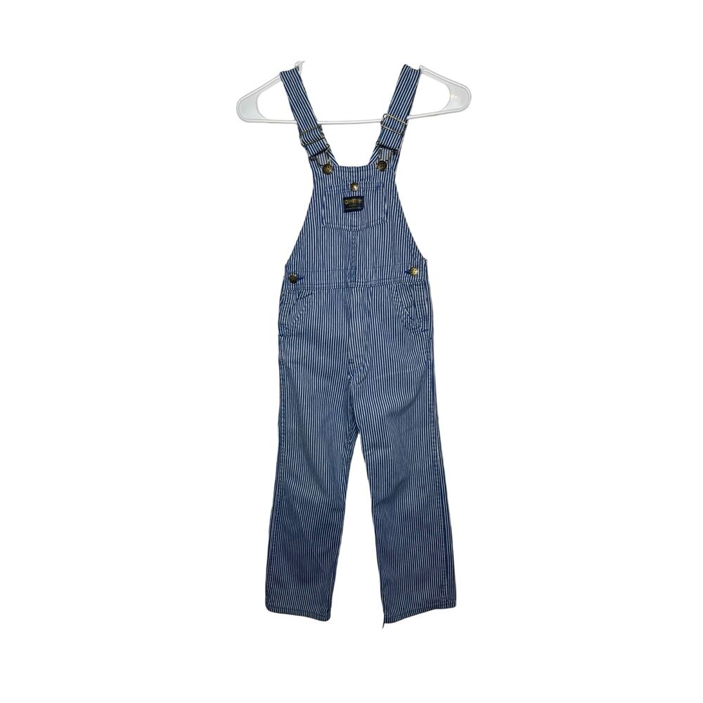 Oshkosh B'Gosh Overalls Boys Size 7 Blue Denim Railroad Striped Made USA Vintage